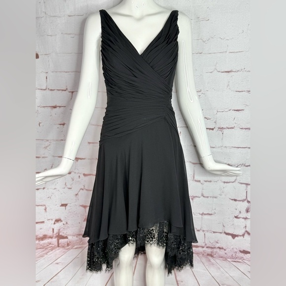TADASHI S Petite Black Chiffon Pin Tucked Hi Lo Ruched  Cocktail Party Dress - Picture 7 of 15